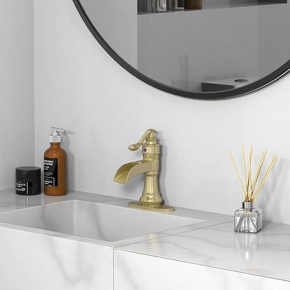 Bathroom Sink Faucet Waterfall Brushed Gold Single Handle | Pop Up Drain,Easy to Clean,Stable Installation,Suitable for bathrooms, balconies and laundry room,Elegant Minimalist Style