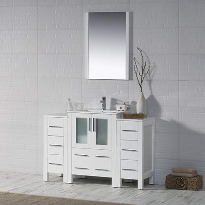 Blossom 48" Solid Wood Bathroom Vanity w/Ceramic Sink & Double Side Cabinet, Freestanding Sink Vanity, Soft-Close Drawers, Tempered Glass Doors, Ceramic Top & Side Cabinet, Glossy White