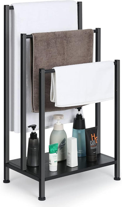 Free Standing Blanket Ladder Holder Rack, 3 Tier Black Metal Towel Racks Stand with Wooden Storage Shelf, Multipurpose Towel Drying Holder stand for Bath & Blanket, Washcloths, Tub or Shower Organizer