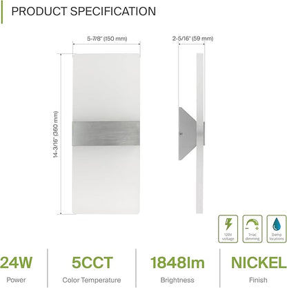 ASD 14 Inch Indoor LED Wall Sconce - 24W 2700K-5000K Dimmable Brushed Nickel Wall Sconce Lights for Living Room, Bedroom, Bathroom, Hallway - Modern Wall Sconces Hardwired, ETL Interior Light