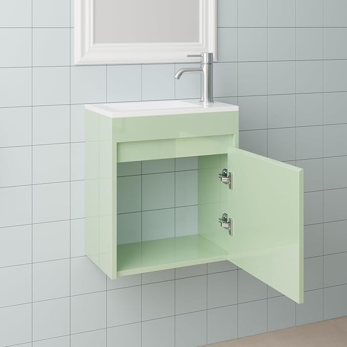 wonline 16" Small Floating Green Bathroom Vanity Sink Combo, Wall Mounted Narrow Single Cabinet with Resin Basin Sink Top, Water Saving Chrome Faucet & Pop-Up Drain-Glossy Green