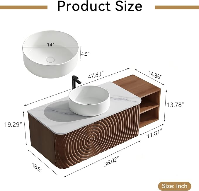 48" Floating Bathroom Vanity with Sink, Mid-Century Wall Mounted Bathroom Vanity Cabinet with Wood Waved Decor,Ceramic Vessel Basin and Sintered Stone Top, Soft Close Drawer, Side Open Cube