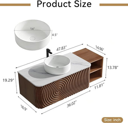 48" Floating Bathroom Vanity with Sink, Mid-Century Wall Mounted Bathroom Vanity Cabinet with Wood Waved Decor,Ceramic Vessel Basin and Sintered Stone Top, Soft Close Drawer, Side Open Cube