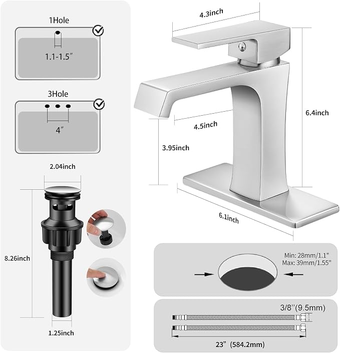 Waterfall Bathroom Faucet Brushed Nickel Bathroom Sink Faucet, Modern Single Hole Bathroom Faucet, Single Handle RV Sink Vanity Faucet—Includes Pop-Up Drain, Suitable for 1-Hole or 3-Hole
