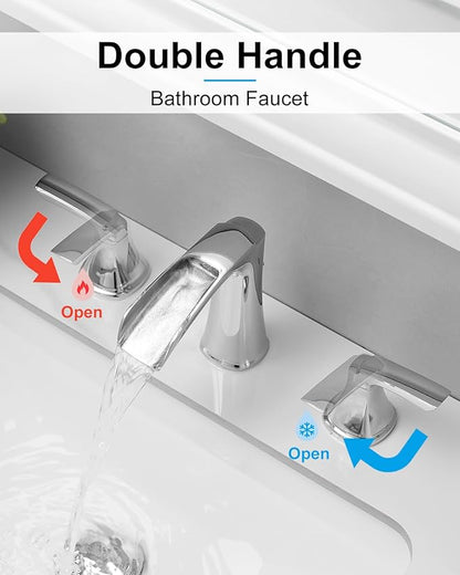 Fapully Chrome Bathroom Faucet 3 Hole, Waterfall 8 Inch Widespread Bathroom Sink Faucet with Pop-up Drain, Two-Handle Faucets for Bathroom Sink