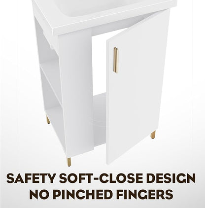 20 Inch White Pre-Assembled Small Bathroom Vanity Cabinet with Ceramic Sink, Soft-Close Door, Left Side Storage, Space-Saving Design, No Faucet,BV05-20-WHITE-PLUS