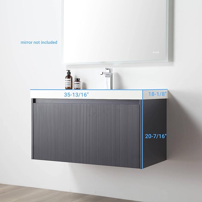 Blossom 36 Inch Bathroom Vanity with Sink, All Wood Wall Mounted Floating Bathroom Vanity Cabinet with Acrylic Sink, Bathroom Sink Cabinet with Soft-Close Drawer, Modern Style Vanities, Night Blue