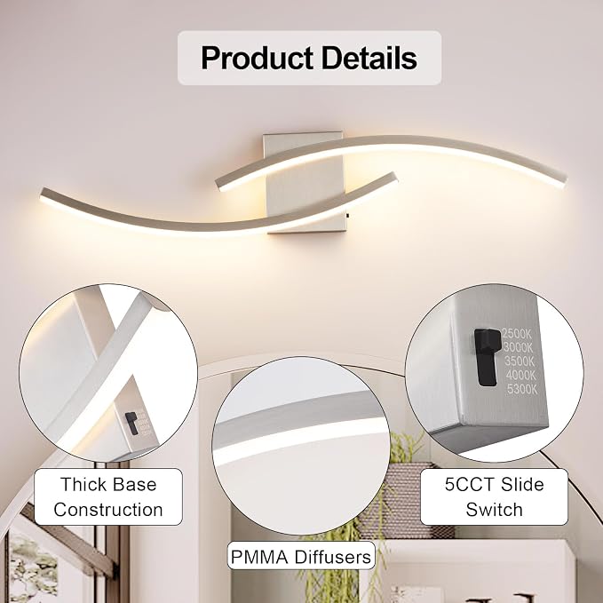 31.5 inch Modern Bathroom Vanity Light Brushed Nickel Lights Fixtures Dimmable 5CCT Led Bathroom Light Fixture Over Mirror Modern Wall lamp for Cabinet Hallway