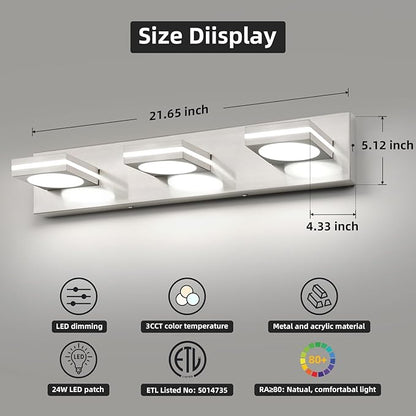 OKELI LED Modern Bathroom Vanity Light Fixtures (3-Light, 22-Inch), Brushed Nickel Acrylic Bathroom Wall Lighting Fixtures Over Mirror, 3CCT, ETL Listed, Dimmable