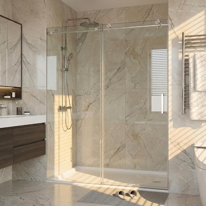 Frameless Sliding Shower Door, Adjustable 44"-48" Width x 76" Height, 6mm (1/4") SGCC Tempered Clear Glass with Easy-to-Clean Coating, Brushed Nickel Stainless Steel Top Rail, One Fixed One Sliding