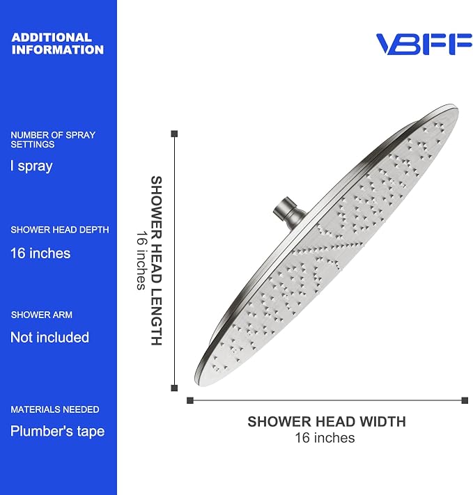 VBFF-Shower Head,rain shower head, 16 inch- Round Shower Head, 1.8 GPM Flow Rate, rainfall showerhead,VBFF14 (Brushed Nickel)