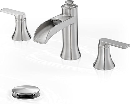 8 Inch Bathroom Waterfall Faucet, Brass Bathroom Faucet Brushed Nickel Bathroom Sink Faucets 3 Hole, 2 Handles Faucets for Bathroom Sinks with Pop-up Drain & Supply Hose