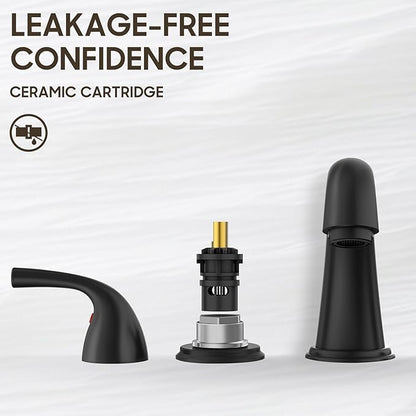 Phiestina 8 Inch 3 Hole Matte Black Widespread Bathroom Faucet, Low Arc Basin Sink Faucet, with Metal Pop-up Drain with Overflow and Water Supply Line, BF03008-B11-MB