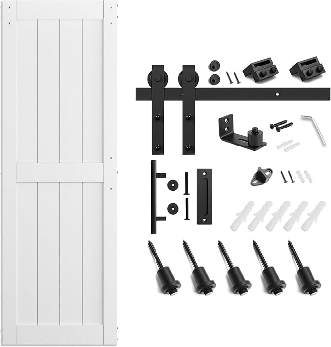 SMARTSTANDARD 30" x 84" White Sliding Barn Door with 5FT Black Hardware | Pre-Drilled Ready to Assemble, Waterproof PVC Coating, H-Frame