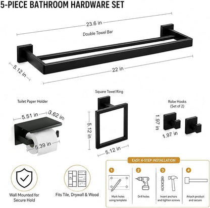 5-Piece Bathroom Hardware Set with 23.6" Double Towel Bar and Toilet Paper Holder Shelf, Wall Mounted Bathroom Accessories, Heavy Duty Stainless Steel Solid Metal, Modern Square Design, Matte Black