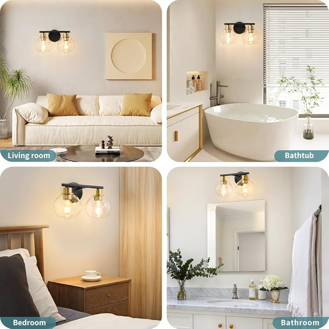 2-Light Bathroom Light Fixtures Black and Gold Vanity Light 13.8 inch Bathroom Lights Over Mirror with Clear Glass Globe Shade, Vanity Lights for Bathroom Kitchen Living Room