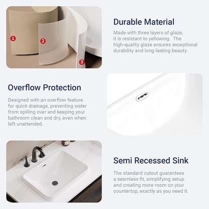 Bathroom Rectangle Vessel Sink 18" x 13" Rectangle Semi Recessed Sink White Drop in Square ceramic Sink with Overflow Modern Sinks Bowl Vanity Above Counter Basin