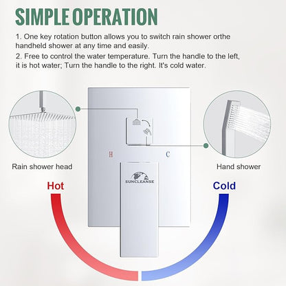SunCleanse Rainfall Shower System Polished Chrome Ceiling Mounted Shower System Combo Set with High Pressure 12 Inches Square Rain Shower Head Handheld and Shower Faucet Rough-in Mixer Valve and Trim
