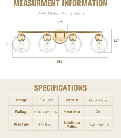Emak Gold Vanity Lights, Modern Globe Bathroom Light Fixtures, 29 Inch 4-Light Bathroom Vanity Light with Clear Glass Shade for Bath, VL114-GD-4