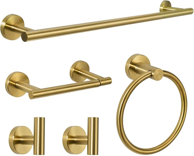 5 Piece Modern Style Wall Mounted Bathroom Hardware Set | #304 Stainless Steel, 24" Towel Bar Mount, Towel Rings, 2 Pillar Toilet Paper Holder, Bathrobe Hook (Brushed Gold)