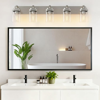 Brushed Nickel Bathroom Light Fixtures, 5 Lights Bathroom Lighting Fixtures Over Mirror, Square Design & Rectangle Large Backplate, Modern Vanity Lighting Fixtures, for Living Room/Bedroom