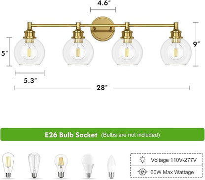 Bathroom Light Fixtures, 4-Light Brushed Gold Vanity Light Globe Glass Shades, Bathroom Lighting Fixtures Over Mirror, Wall Sconces for Master Bathroom, Guest Bathroom, Powder Room, 28-inch