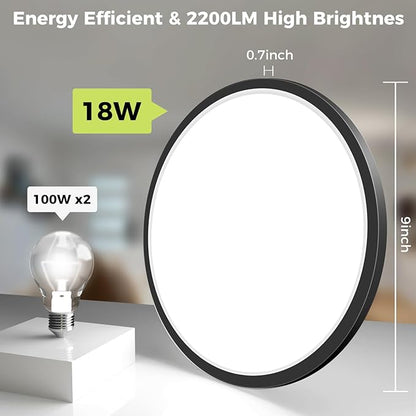 hepside 1Pack LED Flush Mount Ceiling Light Fixture, 9Inch 18W, Dimmable&3000K/3500K/4000K/5000K/6500K Adjustable Low Profile Ceiling Lights, Round Flat Ceiling Light for Closet,Kitchen,Hallway-Black