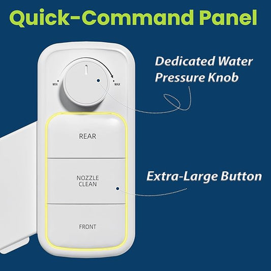 Ultra-Slim Bidet Attachment, Self-Cleaning Dual Nozzle (Feminine/Posterior Wash), Accessibility-Enhanced Large Buttons, Quick-Release, Non-Electric Fresh Water System with Adjustable Pressure