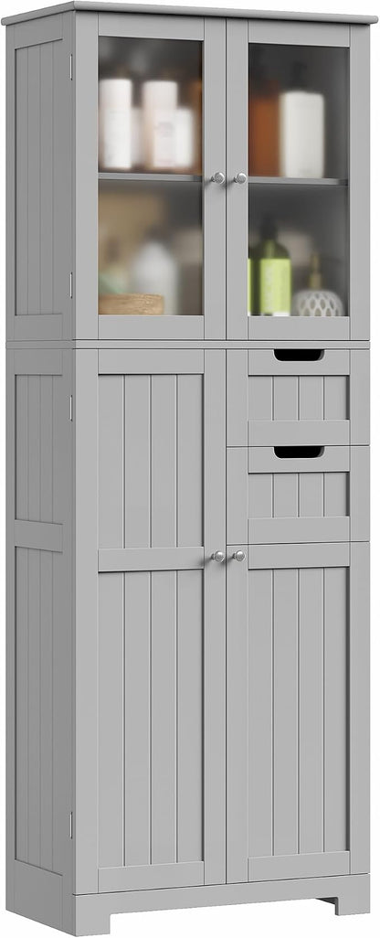 BOTLOG 67'' Tall Bathroom Storage Cabinet with Adjustable Shelf | Frosted Glass Doors, Wood Drawers, Kitchen Pantry Line Cabinet for Kitchen Bathroom, Living Room, Grey