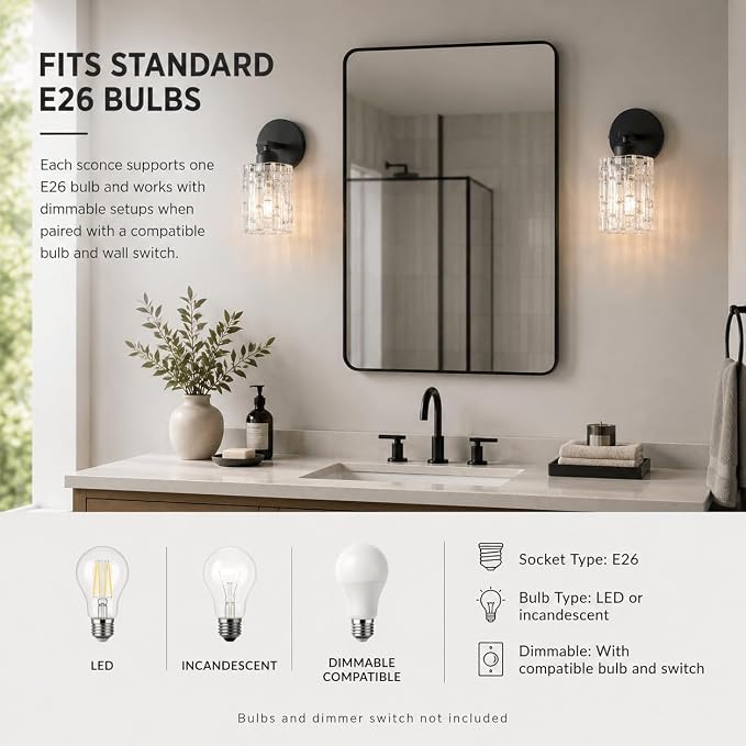 2-Pack 1-Light Modern Matte Black Crystal Wall Sconces, Hardwired Indoor Bathroom Vanity Light Fixtures, Crystal Over Mirror Lamps for Living Room, Bedroom, Hallway