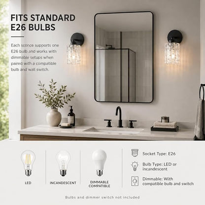 2-Pack 1-Light Modern Matte Black Crystal Wall Sconces, Hardwired Indoor Bathroom Vanity Light Fixtures, Crystal Over Mirror Lamps for Living Room, Bedroom, Hallway