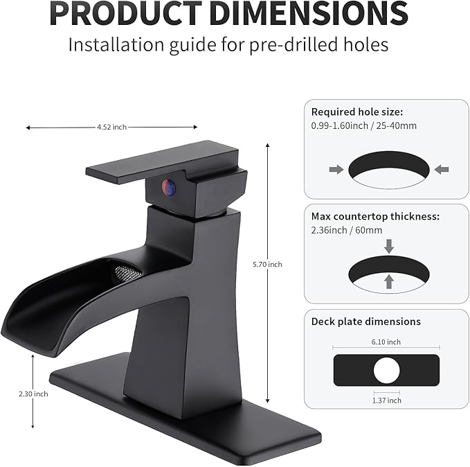Black Waterfall Bathroom Faucet, One-Handle Bathroom Faucets for Sink 1 or 3 Hole, Matte Black Vanity Faucet, Single Hole Restroom Sink Faucet with Pop Up Drain