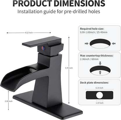 Black Waterfall Bathroom Faucet, One-Handle Bathroom Faucets for Sink 1 or 3 Hole, Matte Black Vanity Faucet, Single Hole Restroom Sink Faucet with Pop Up Drain