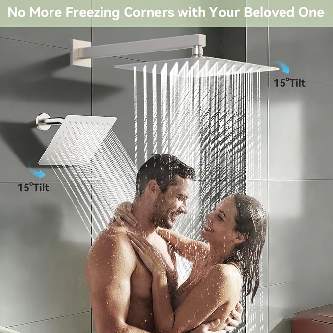 Shower System 12''Wall Mounted Shower Faucet Sets and 6 ''Wall Mounted Shower Head, Bostingner Diverter 5 Function Dual Shower System with 2 in 1 Shower Handheld Brushed Nickel