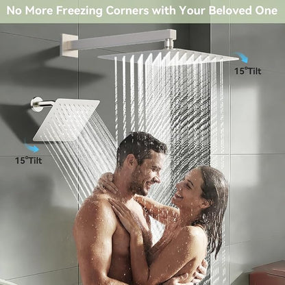 Shower System 12''Wall Mounted Shower Faucet Sets and 6 ''Wall Mounted Shower Head, Bostingner Diverter 5 Function Dual Shower System with 2 in 1 Shower Handheld Brushed Nickel
