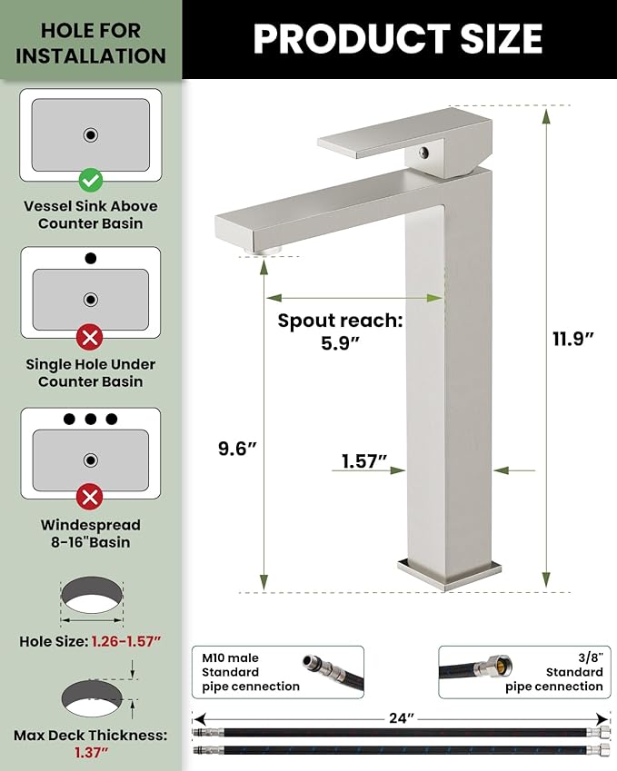 gotonovo Vessel Sink Faucet Single Handle Tall Bathroom Faucet One Hole Modern Lavatory Vanity Basin Mixer Tap Matching Supply Hoses and Pop up Drain Without Overflow, Brushed Nickel