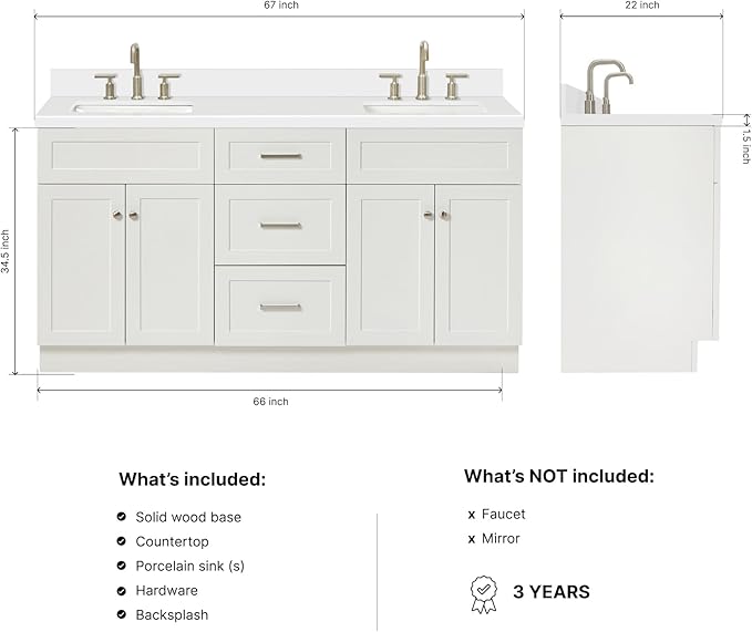 ARIEL Hamlet 66-inch Bathroom Vanity with Sink,Solid Wood, 1.5-inch Pure White Quartz Countertop & Backsplash, Double Rectangular Porcelain Sink, 4 Soft Closing Doors, 3 Dovetail Drawers, White