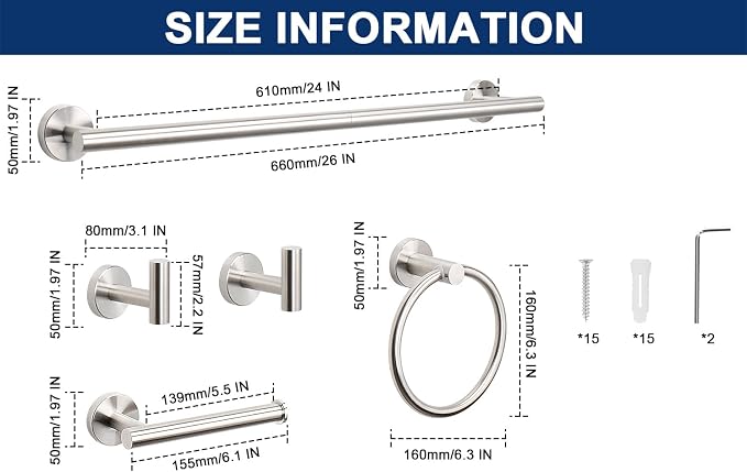 NearMoon 10 Pieces Bathroom Hardware Set SUS304 Thicken Stainless Steel-Towel Rack Kit Include 26" Towel Rod + Bath Towel Ring + Toilet Paper Holder + Robe Towel Hooks Bath Accessories (Nickel)