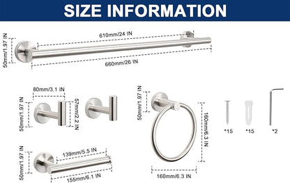 NearMoon 10 Pieces Bathroom Hardware Set SUS304 Thicken Stainless Steel-Towel Rack Kit Include 26" Towel Rod + Bath Towel Ring + Toilet Paper Holder + Robe Towel Hooks Bath Accessories (Nickel)
