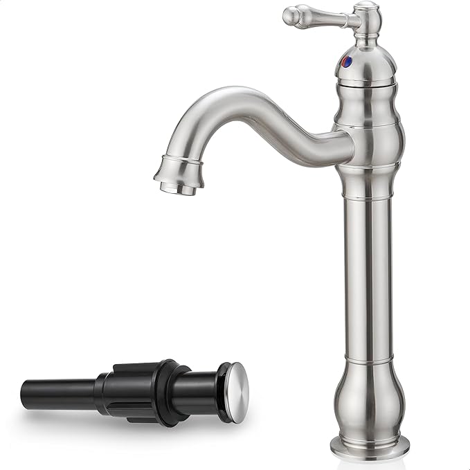 Single Handle Bathroom Faucet Brushed Nickel, Brass Vessel Sink Faucet 360 Degree Swivel Tall Bathroom Sink Faucet 1 Hole, Bathroom Faucets with Pop-up Drain & Aerator for Hotels Modern No Noise