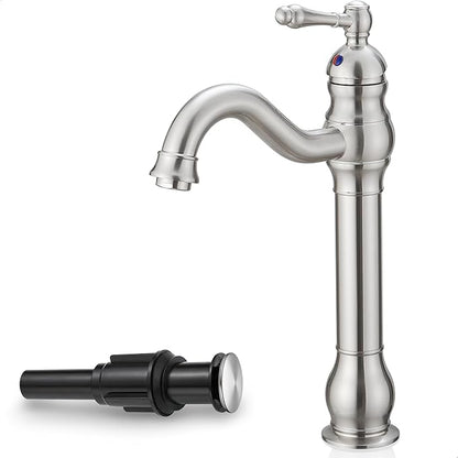 Single Handle Bathroom Faucet Brushed Nickel, Brass Vessel Sink Faucet 360 Degree Swivel Tall Bathroom Sink Faucet 1 Hole, Bathroom Faucets with Pop-up Drain & Aerator for Hotels Modern No Noise
