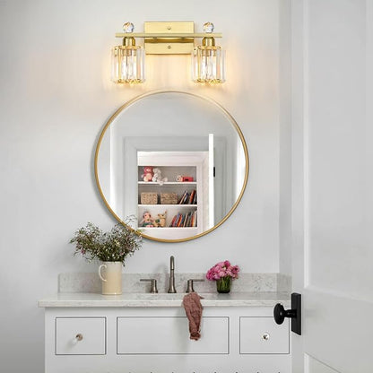 2-Light Gold Bathroom Light Fixtures,Modern Bathroom Vanity Lights Fixture with Clear Crystal Glass Shade,Brushed Gold Bath Wall Mount Lights, Light Fixtures for Mirror Bedroom Living Room