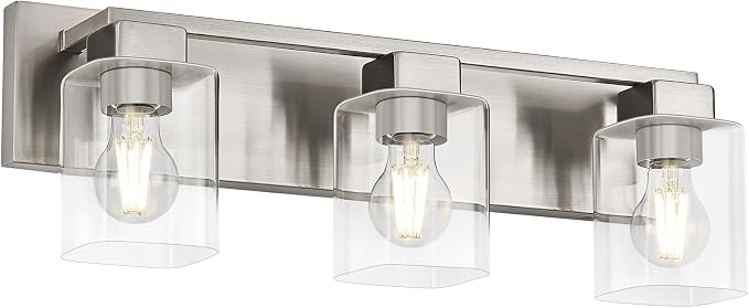 21.6 Inch Brushed Nickel Bathroom Light Fixtures, with Clear Glass Shade | 3-Light Bathroom Lighting Fixtures Over Mirror, Modern Wall Light, bathroom vanity light E26 Socket, ETL