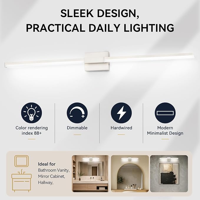 SOLFART Vanity Lighting Fixtures 48-Inch: Brushed Nickel Dimmable Bathroom Light Fixtures Over Mirror, Built-in Dimmer, Thickened Aluminum Body, 360 Degree Rotation, ETL IP44