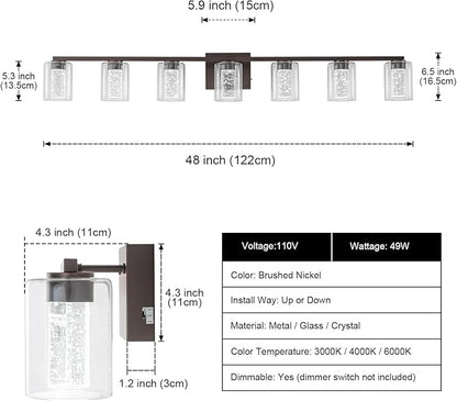 SineRise 7-Light Bronze Vanity Light with 3 Color Modes (3000K/4000K/6000K), Eye Protection LED Bathroom Light Fixture, Dimmable Modern Wall Light Over Mirror with Clear Glass Shade