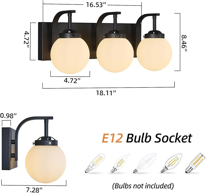 3 Lights Bathroom Vanity Light Fixtures Modern Sand Black Vanity Light with Milk White Glass Globe Shade Bathroom Lighting Over Mirror Wall Sconce for Bedroom Living Room Hallway