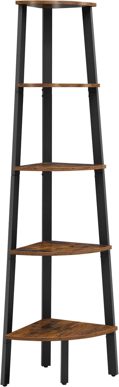 VASAGLE Corner Shelf Stand, 5-Tier Corner Bookshelf, Industrial Ladder Shelf, Plant Stand for Living Room, Office, Kitchen, Rustic Brown and Black ULLS35X