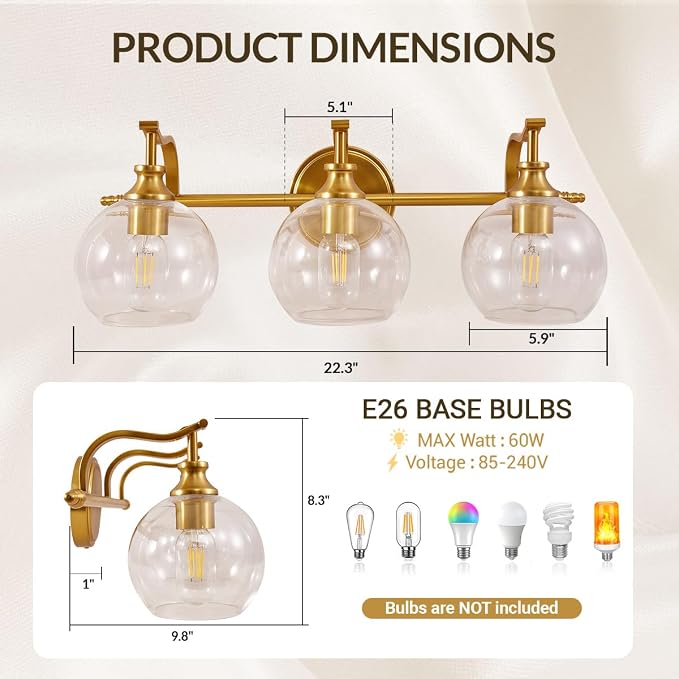 Bruhsed Gold Bathroom Light Fixtures, Gold 3 Light Bathroom Vanity Lights, 3 Lights Wall Light with Globe Clear Lampshade, Vintage Brass Sconce with Metal Lamp Body for Bedroom, Living Room