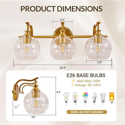 Bruhsed Gold Bathroom Light Fixtures, Gold 3 Light Bathroom Vanity Lights, 3 Lights Wall Light with Globe Clear Lampshade, Vintage Brass Sconce with Metal Lamp Body for Bedroom, Living Room