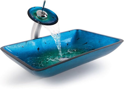 Kraus Irruption Blue Rectangular Glass Vessel Bathroom Sink with PU Oil Rubbed Bronze